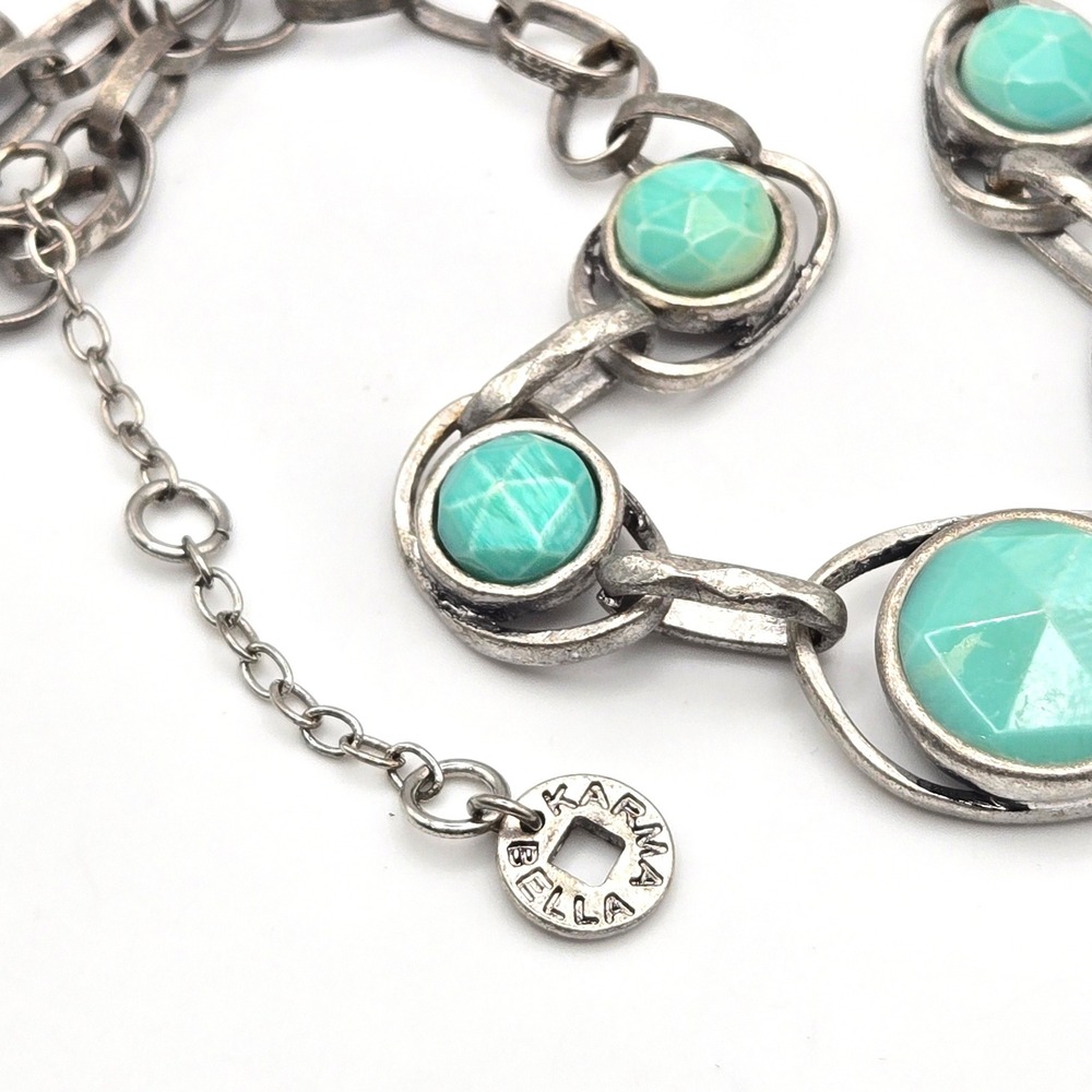 Karma Bella Silver Tone Link Green Faceted Glass Necklace Adjustable 18" to 20" - Picture 4 of 6